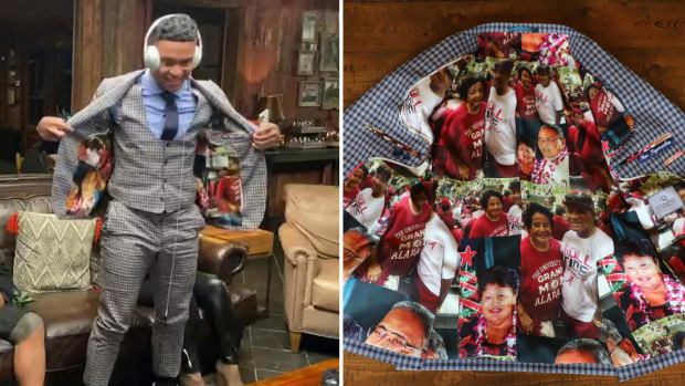 Alabama QB Tua Tagovailoa in his NFL draft suit and a closeup detail of the suit’s lining